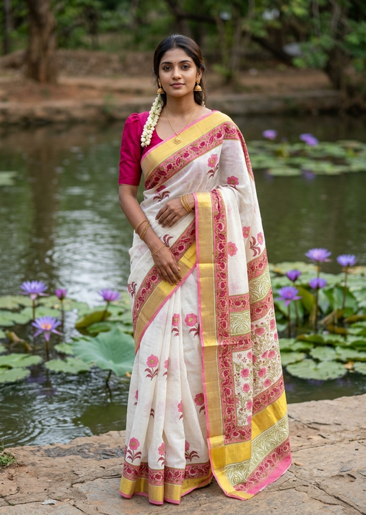 Southloom Cotton Kerala Kasavu Saree with Jaipur Block Printed on Body And Borders in Red SL561