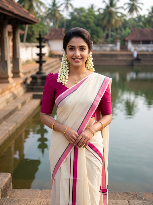 Southloom Pure Cotton Kerala Single Set Mundu (Mundum Neriyathum) Pink Border 2.80 Mtr SL345