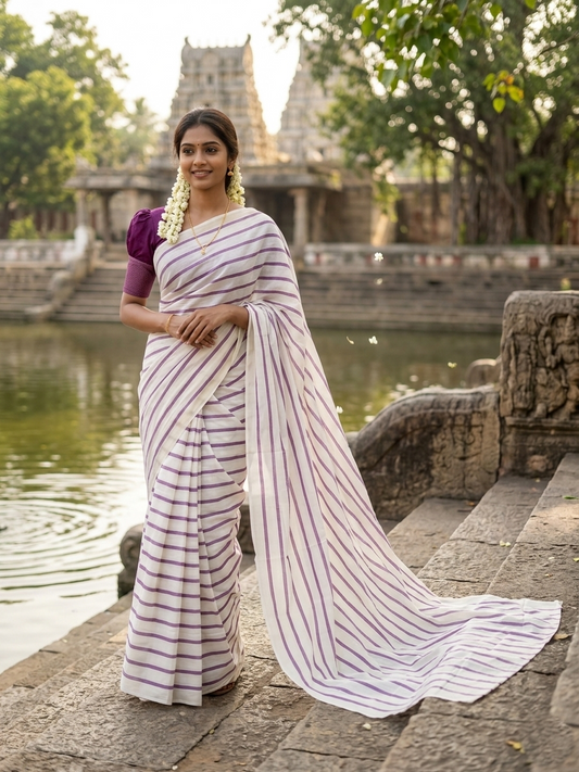Kerala Pure Cotton Purple Lines Saree with Blouse Piece