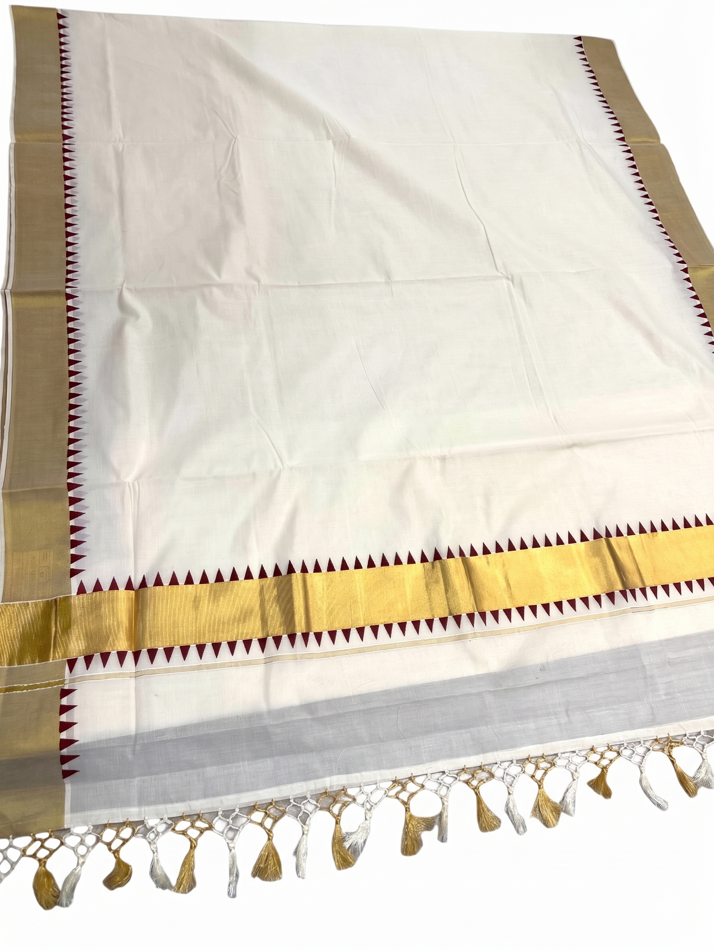 Southloom Kerala Cotton Kasavu Saree With Maroon Temple Border And Tassels