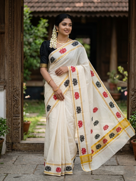 Southloom Cotton Kerala Kasavu Saree with Lotus Block Prints on Body and Border in Black and Maroon