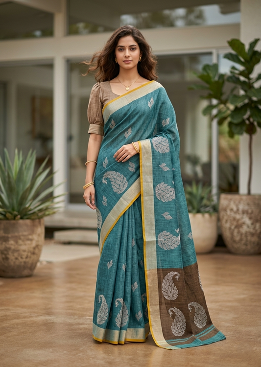 Southloom Kerala Linen Cotton Saree With Embroidery Work On the Body With Green And Brown