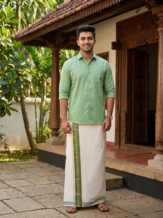 Southloom Pure Cotton Mundu with Gold Lines &Green Border (South Indian Kerala Dhoti)