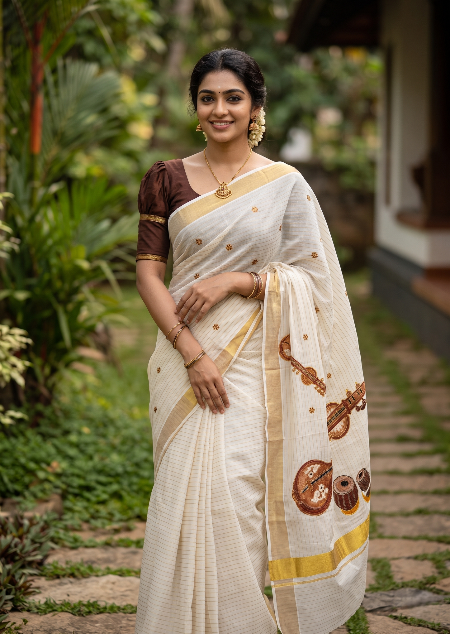 Southloom Kerala Cotton Veena Embroidery Saree