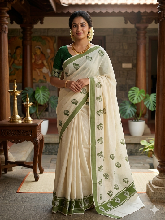 Kerala Cotton Olive Green  Colour Printed Saree SL177
