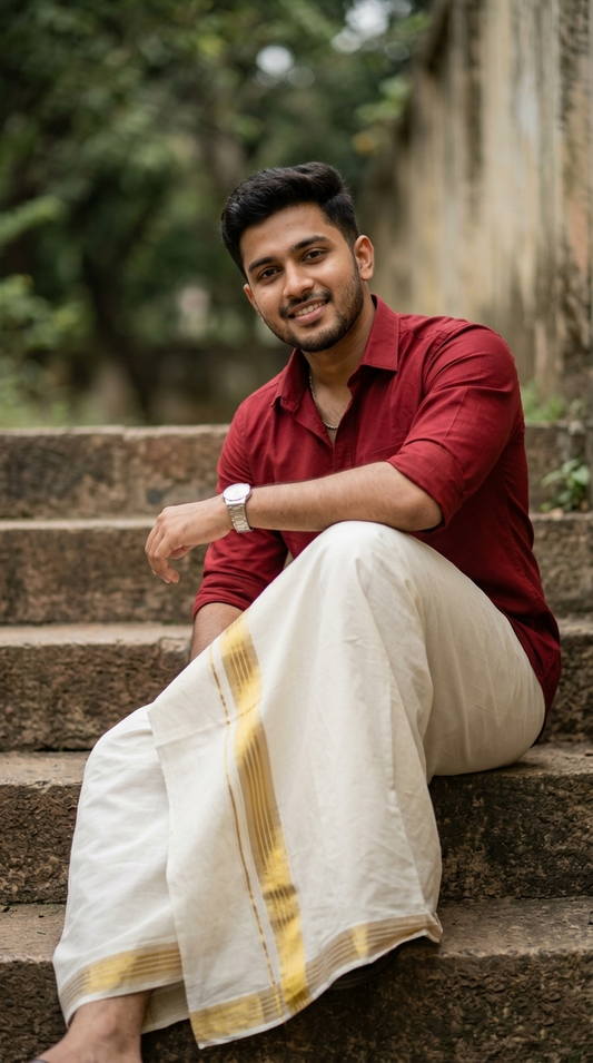 Southloom Kerala Pure Cotton Double Mundu with Gold Kasavu and Border (South Indian Dhoti)