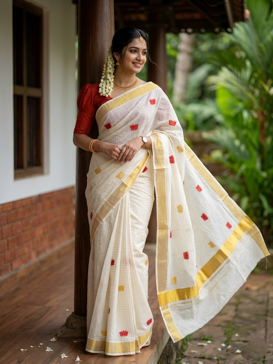 Southloom Cotton Kerala Kasavu Check Saree with Lotus Embroidery Design in Red