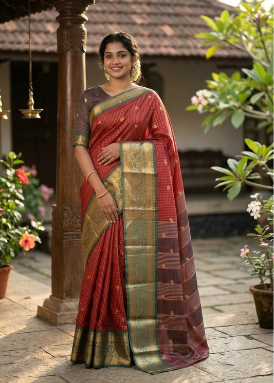 Red and Green Colour Semi Silk Saree With Check Design SL634