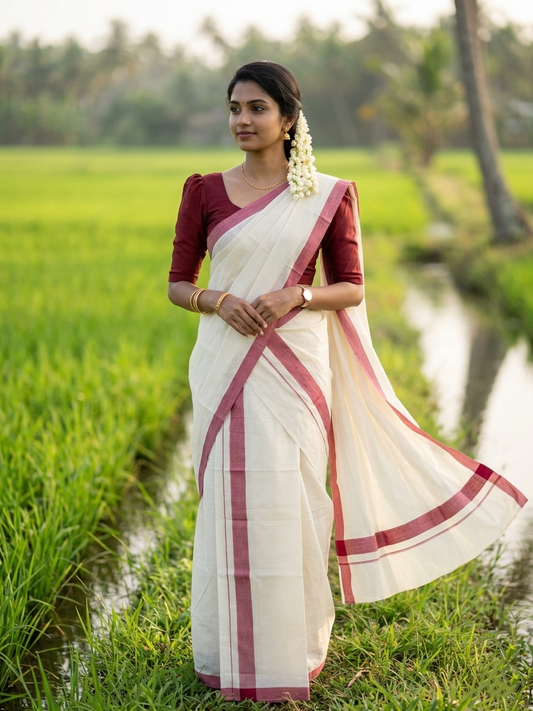 Southloom Pure Cotton Kerala Single Mulloth Set Mundu (Mundum Neriyathum) Maroon Border in 2.80 mtrs SL270