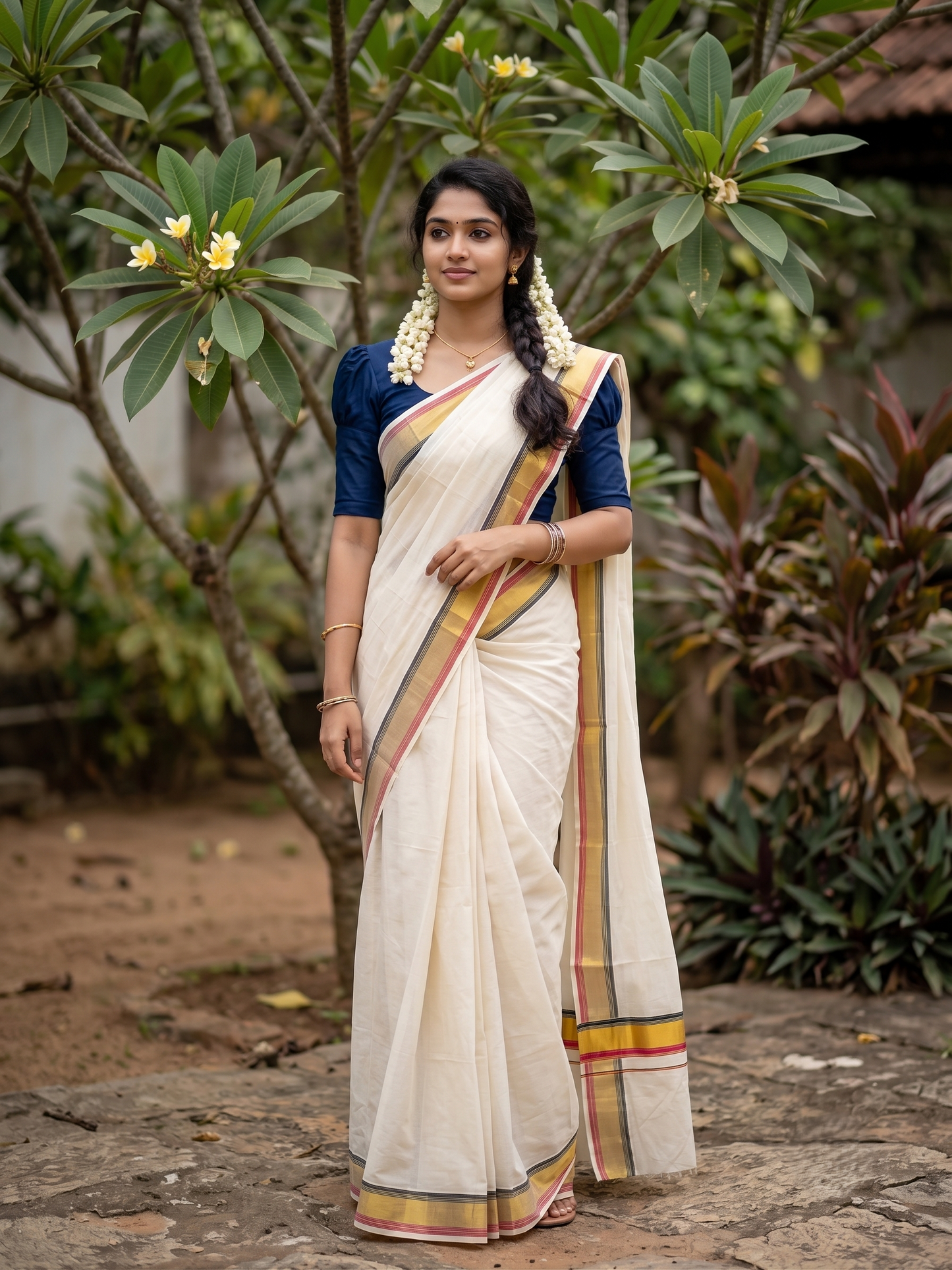 Southloom Kerala Cotton Kasavu Saree with  Pink And Dark Blue Border
