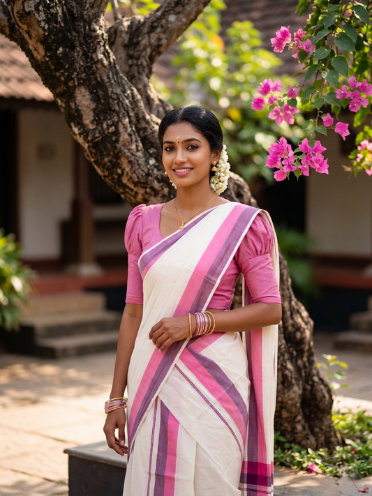 Southloom Kerala Mulloth Cotton Single Mundum Neriyathum with Multicolor Border In 2.80 Mtrs SL243