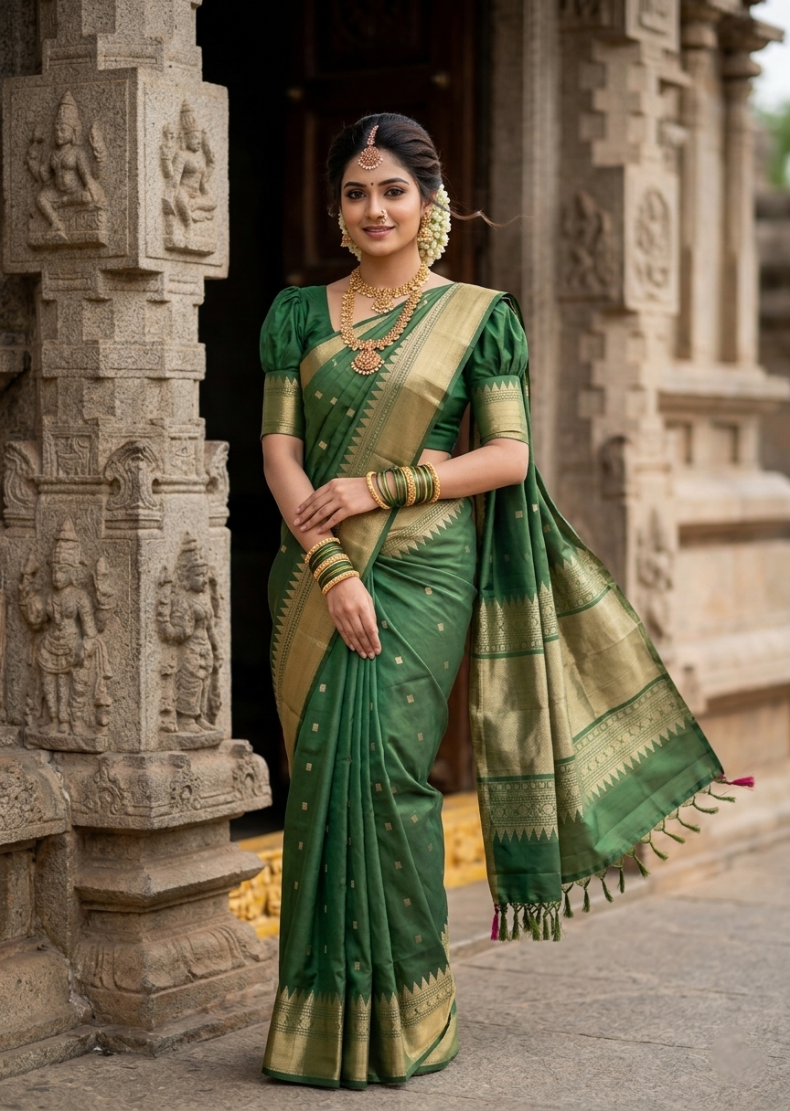 Southloom Pure Handloom Kanchipuram Silk Saree with Korvai Work (Green)