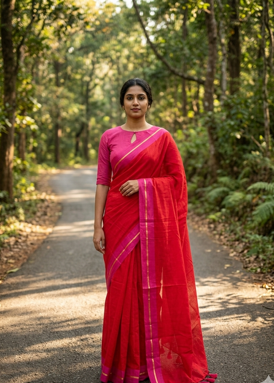 Kerala Mul Cotton Soft Fabric Saree In Red And Magenta Border SL215