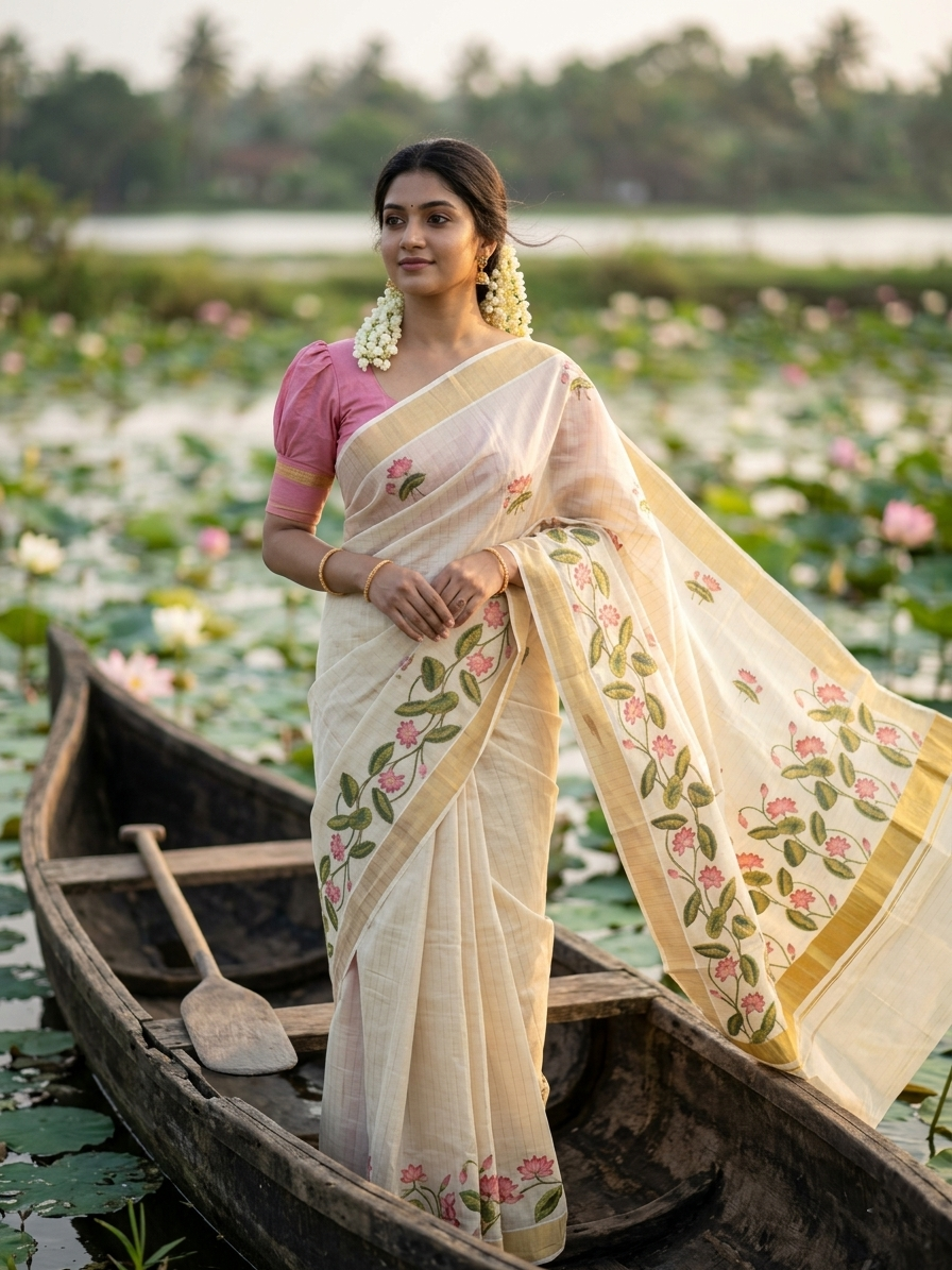 Southloom Kerala Tissue Kasavu Stripes Saree with Lotus Digital Prints on Body