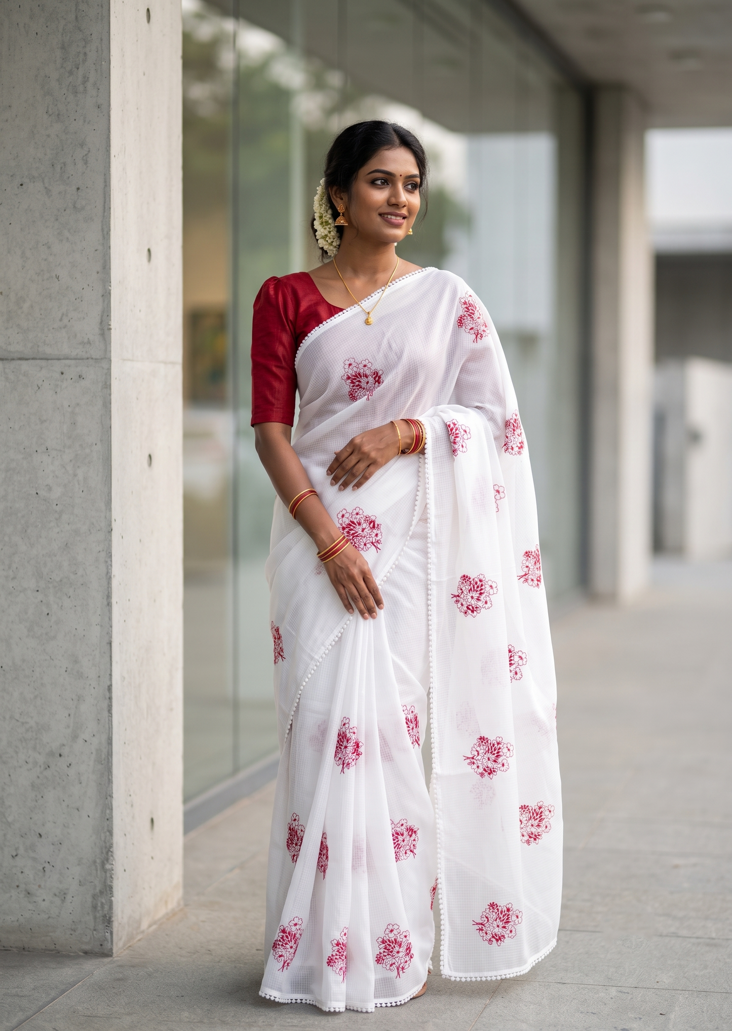 Southloom Net Kotta Saree with Floral Embroidery Work on Body in Red