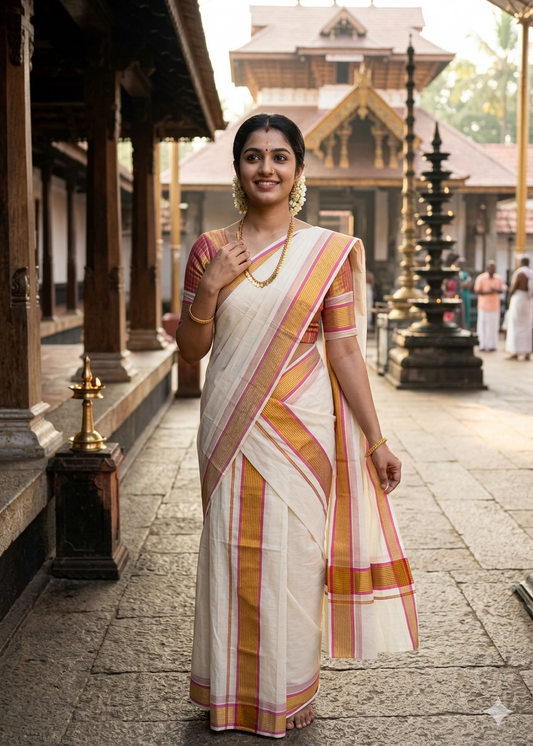 Kerala Cotton Single Set Mundu With Pink And Golden Kasavu Border (2.80 mtrs) SL413