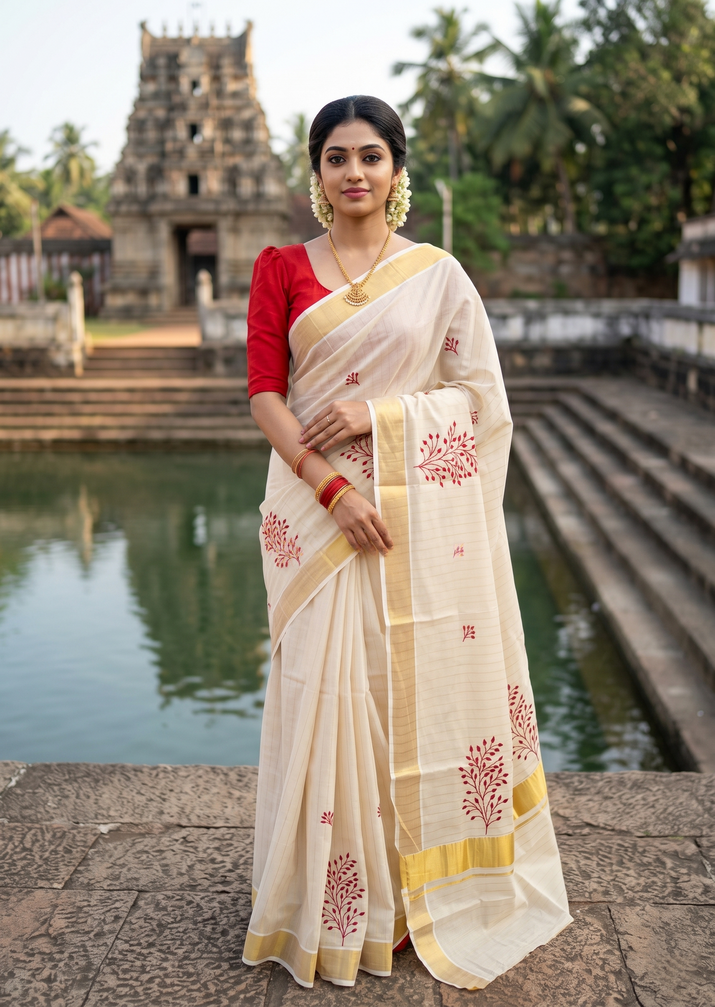 Southloom Kerala Tissue Kasavu Lines Saree with Red Floral Embroidery Design on Body