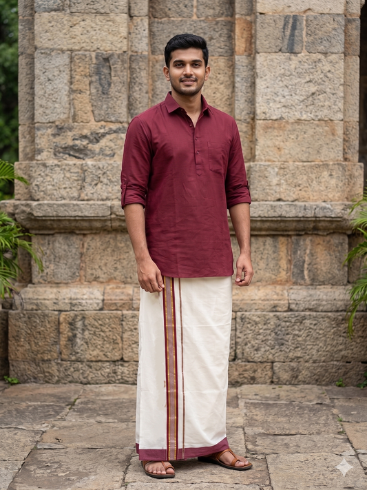 Southloom Pure Cotton Mundu with Maroon Border (South Indian Kerala Dhoti)
