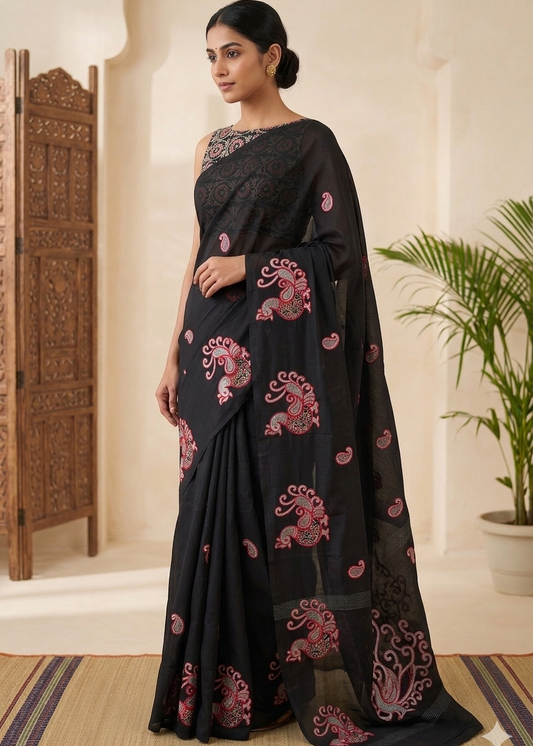 Black Cotton Saree With Peacock Embroidery Design SL206