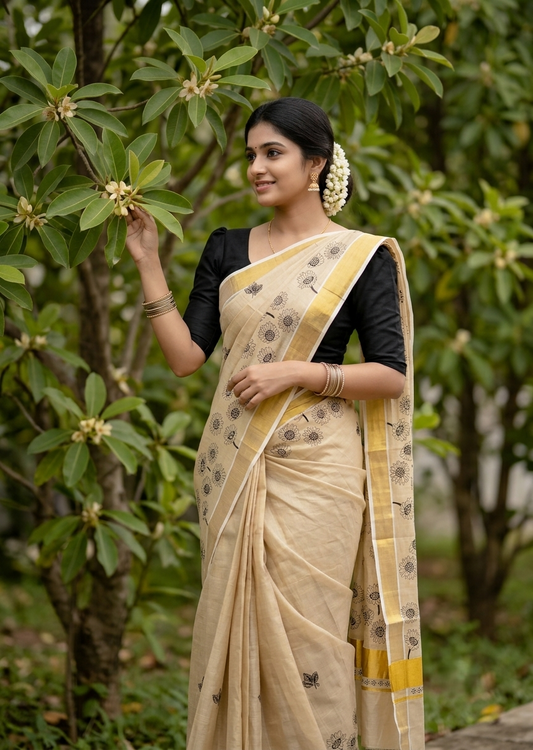 Southloom Kerala Tissue Kasavu Plain Saree with Black Floral Printed work On Border