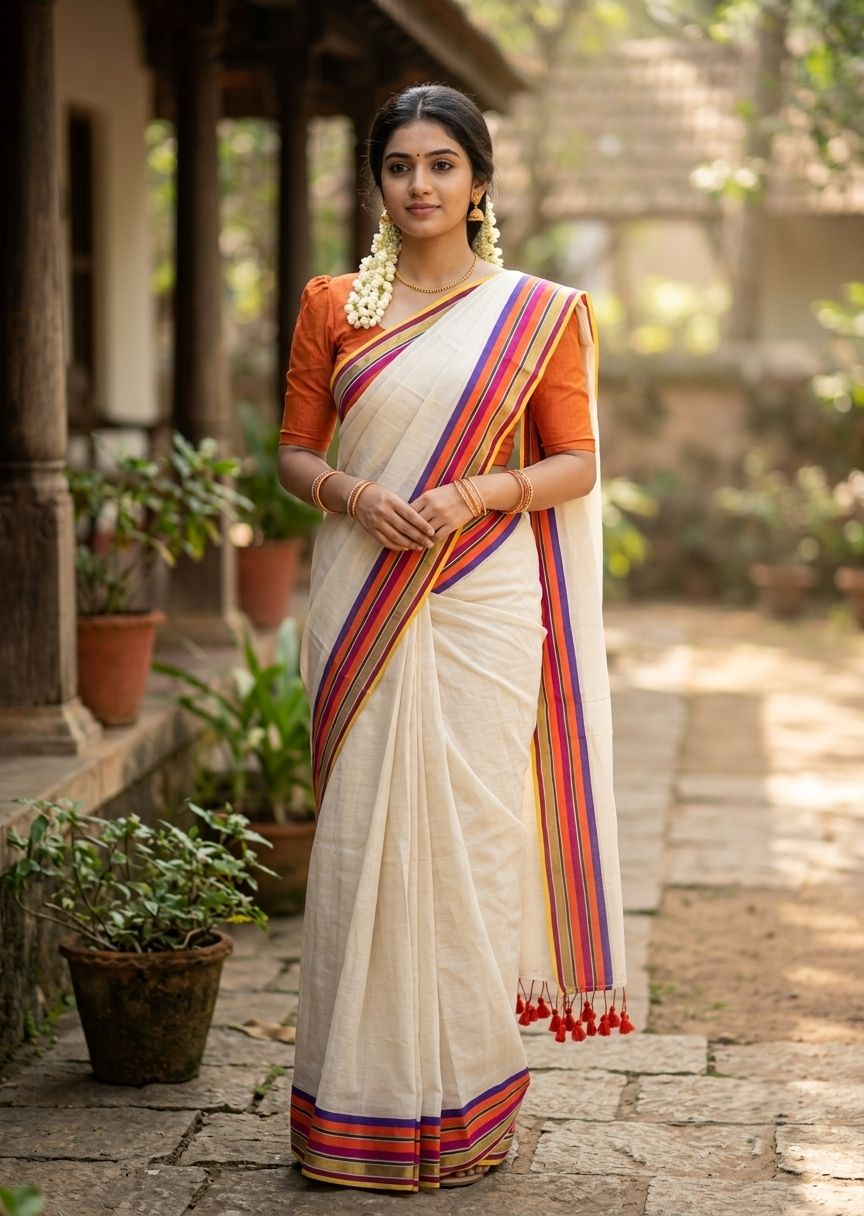 Southloom Mul Cotton 120 x 120 Soft Fabric Saree In Orange & Pink Border SL215