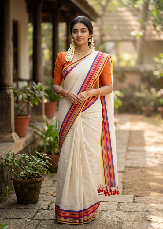 Southloom Mul Cotton 120 x 120 Soft Fabric Saree In Orange & Pink Border SL215