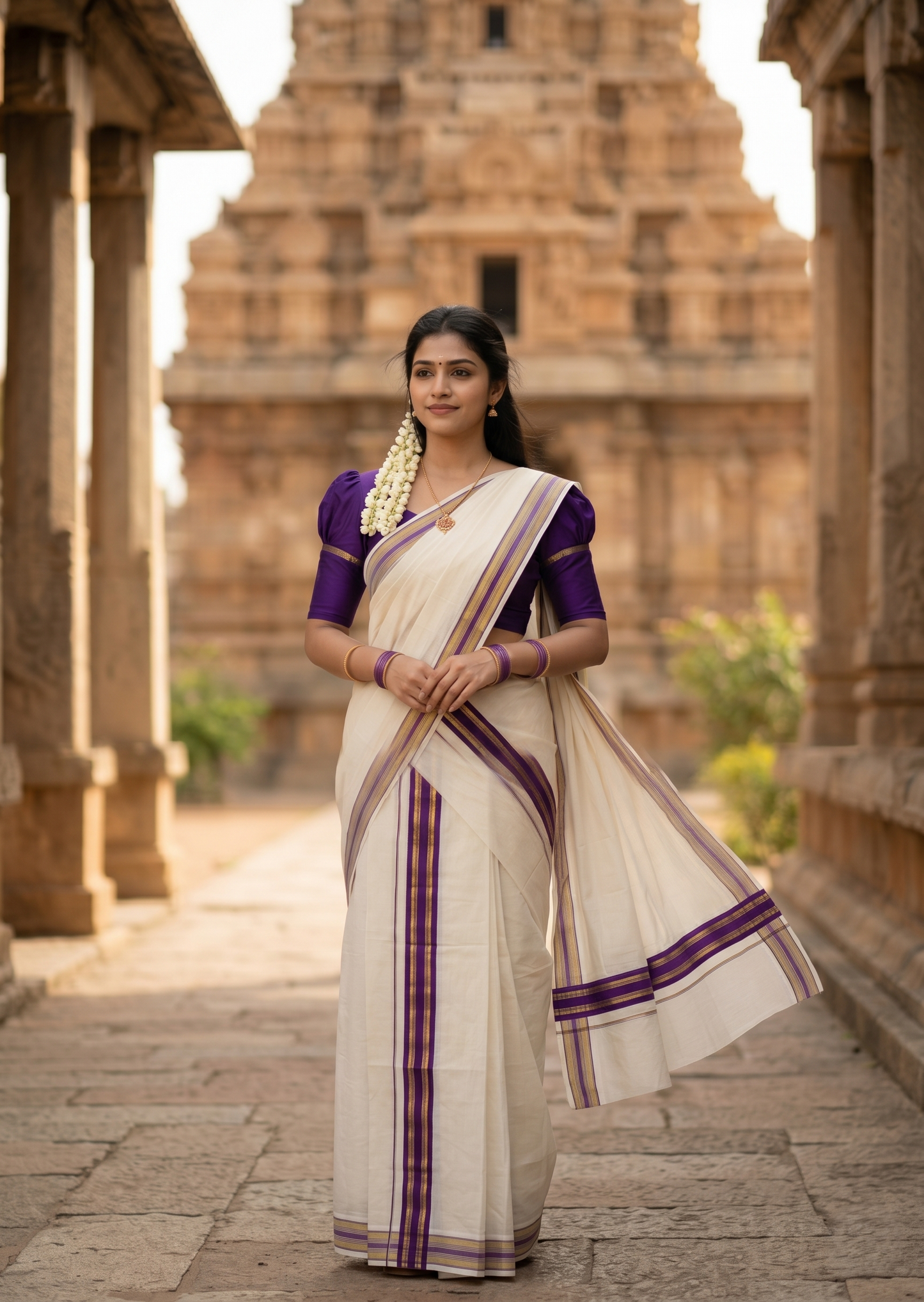 Southloom Kerala Cotton Single Set Mundu (Mundum Neriyathum) with Kasavu and  Voilet Border in 2.80 Mtrs SLKK SL470