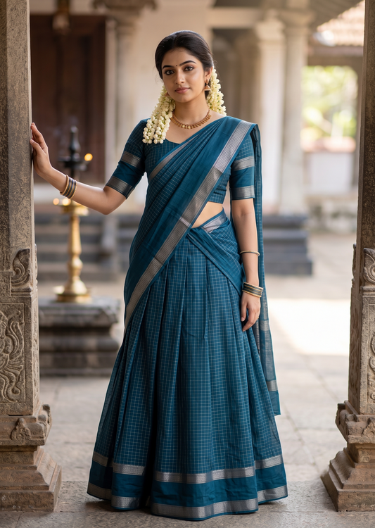 Kerala Southloom Semi UnStitched Dhavani Set with Pavada and Blouse In Blue Piece SL585