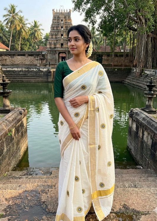 Southloom Cotton Kerala Kasavu Lines Saree With Embroidery Work On Body SL314