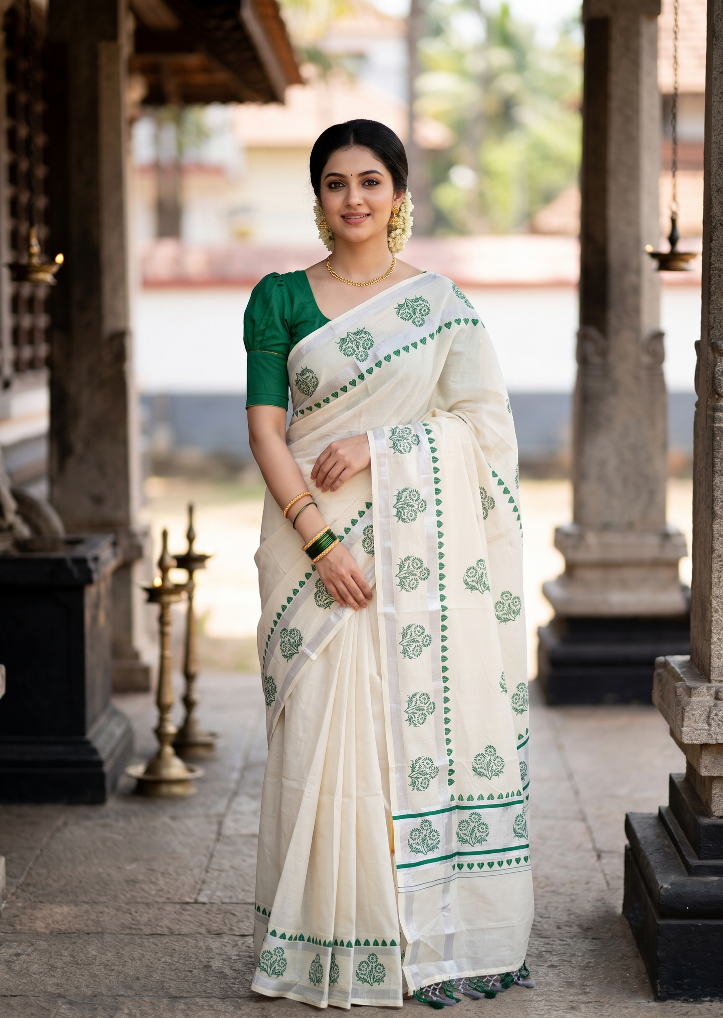 Southloom Cotton Kerala Kasavu Saree with Digital Print on Body in Green SL519