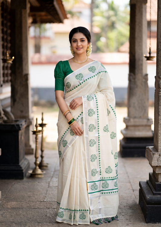 Southloom Cotton Kerala Kasavu Saree with Digital Print on Body in Green SL519