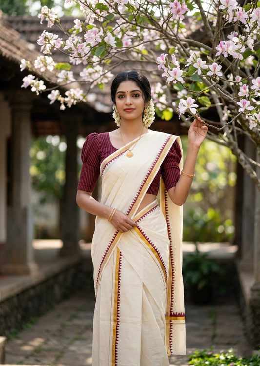 Southloom Pure Cotton Kerala Single Set Mundu (Mundum Neriyathum) with Temple Design in Maroon 2.80 Mtrs SL352