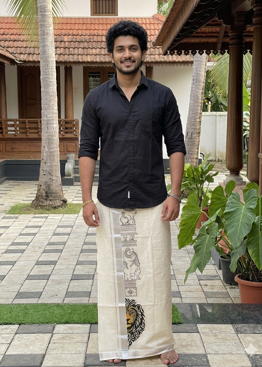 Lion Handpainted Cotton Mundu SL330