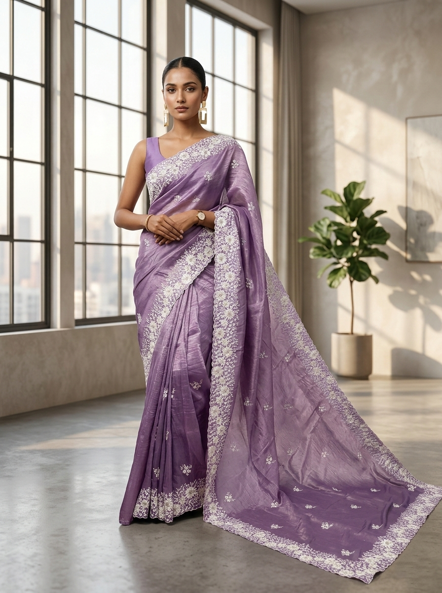 Southloom Crushed Organza Saree with Floral Woven Works Across Body in Lavendar