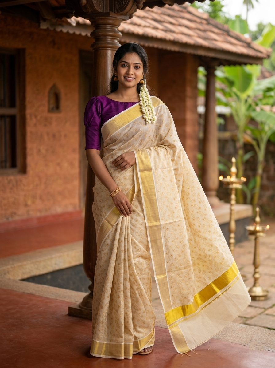 Kerala Tissue Kasavu Saree with Brown Block Printed Designs