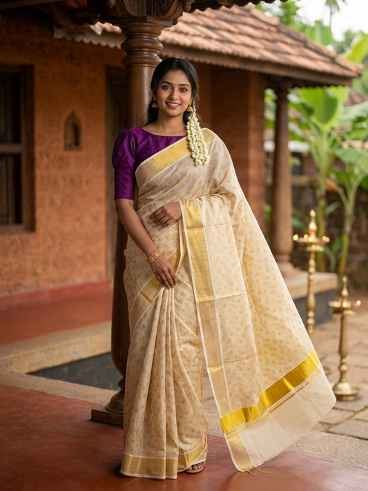 Kerala Tissue Kasavu Saree with Brown Block Printed Designs