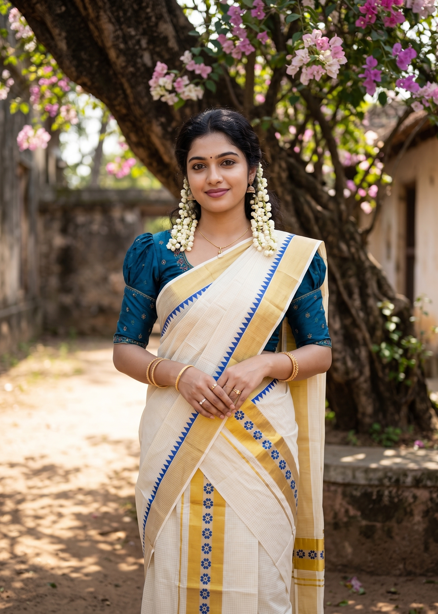 Southloom Pure Cotton Set Mundu with Gold Kasavu Micro Check Across Body in Blue SL398