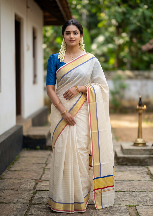 Southloom Kerala Cotton Kasavu Saree with Micro Check Design on Body in Blue & Red Border SL450