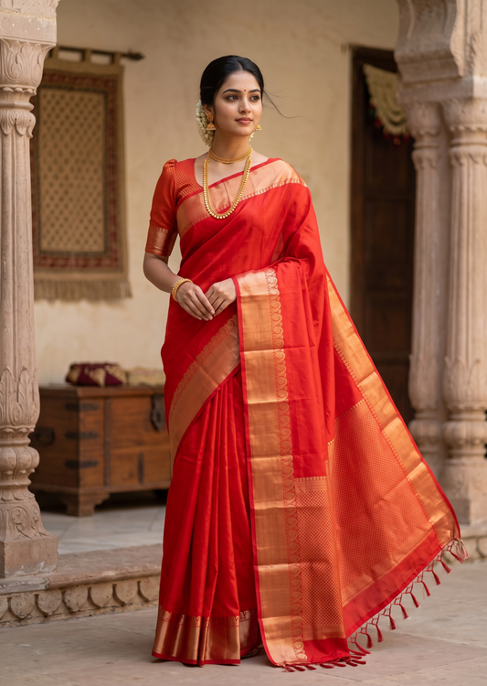 Southloom Silk Saree with Plain Body And Paisley Border in Orange