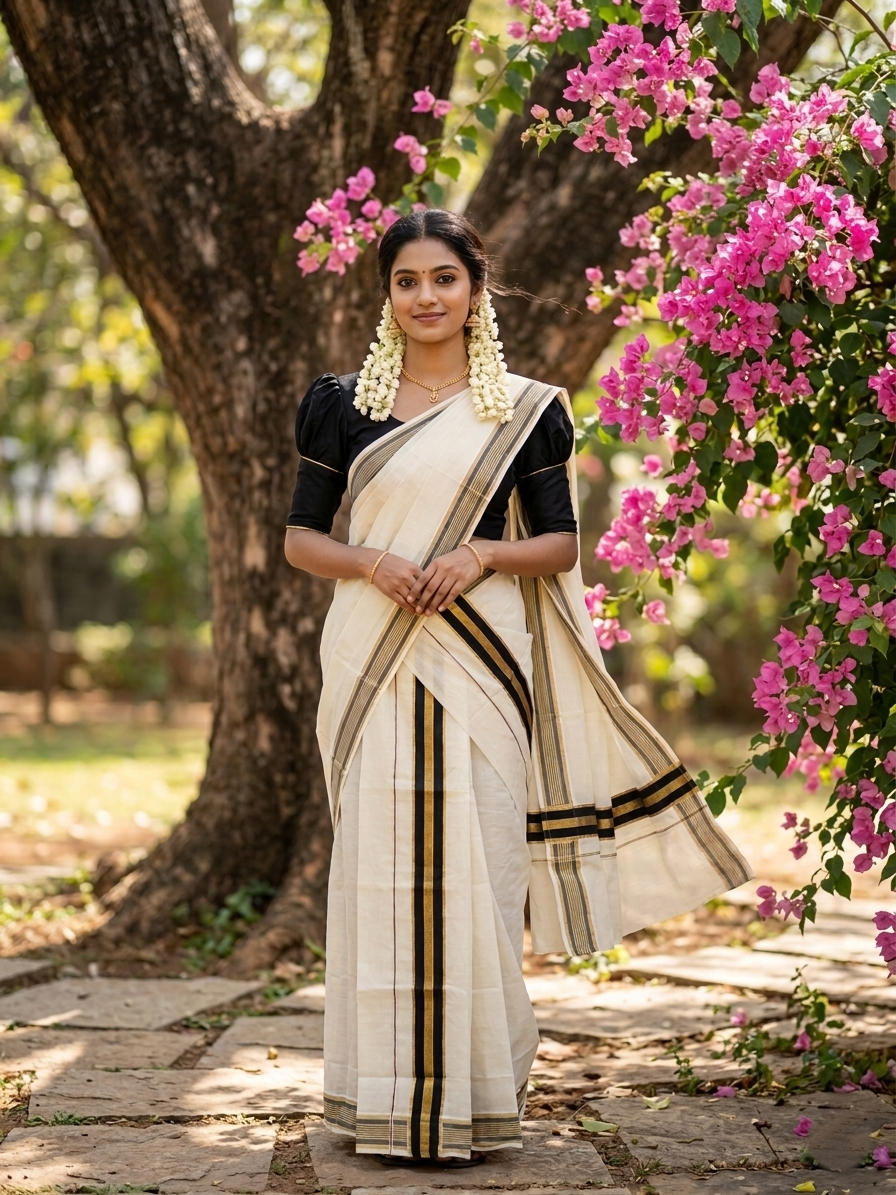 Kerala Cotton Kasavu Single Set Mundu Mundum Neriyathum With Black K kerala-cotton-kasavu-single-set-mundu-mundum-neriyathum-with-black-k