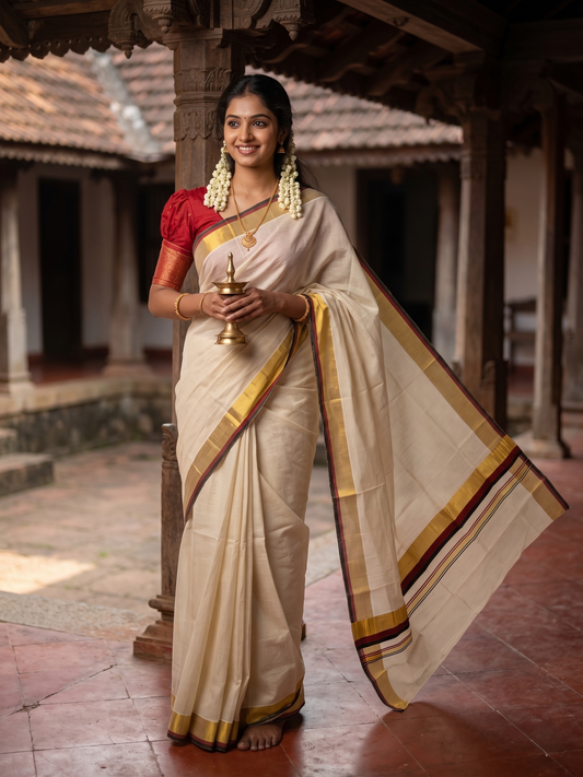 Southloom Kerala Cotton Kasavu Saree with Micro Check on Body In Red And Black Border SL347