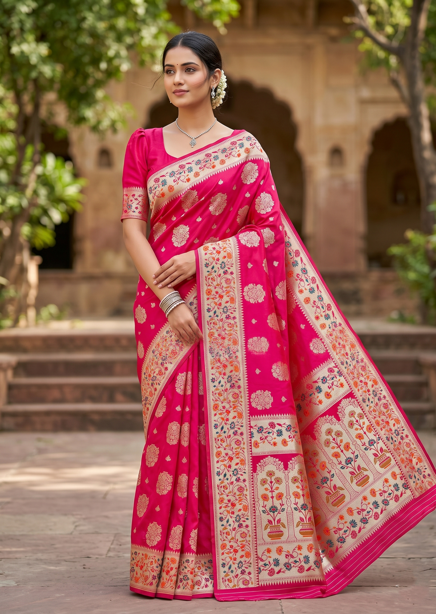 Southloom Pure Banarasi Silk Saree with Woven Work on Body and Borders (Rani Pink)
