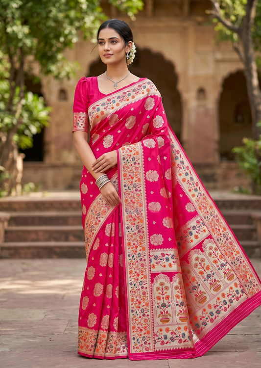 Southloom Pure Banarasi Silk Saree with Woven Work on Body and Borders (Rani Pink)