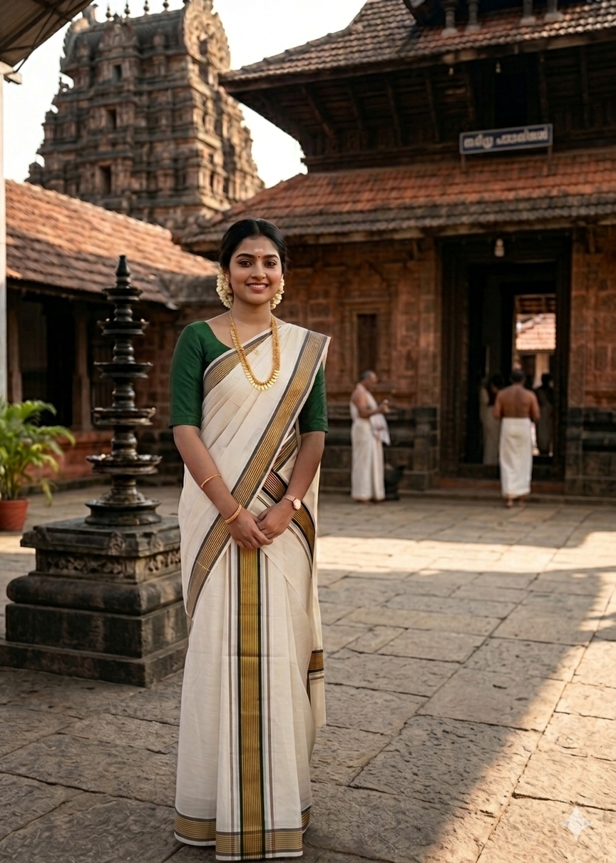 Kerala Cotton Single Set Mundu With Green And Golden Kasavu Border (2.80 mtrs) SLKK SL413
