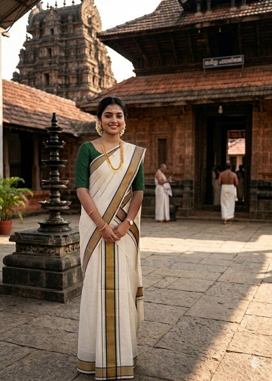 Kerala Cotton Single Set Mundu With Green And Golden Kasavu Border (2.80 mtrs) SL413