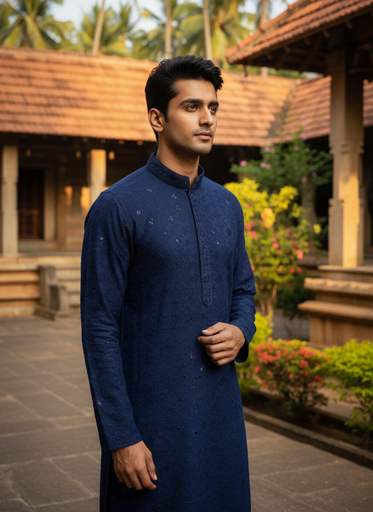 Southloom Chikankari Short Kurta for Men in Navy Blue Colour