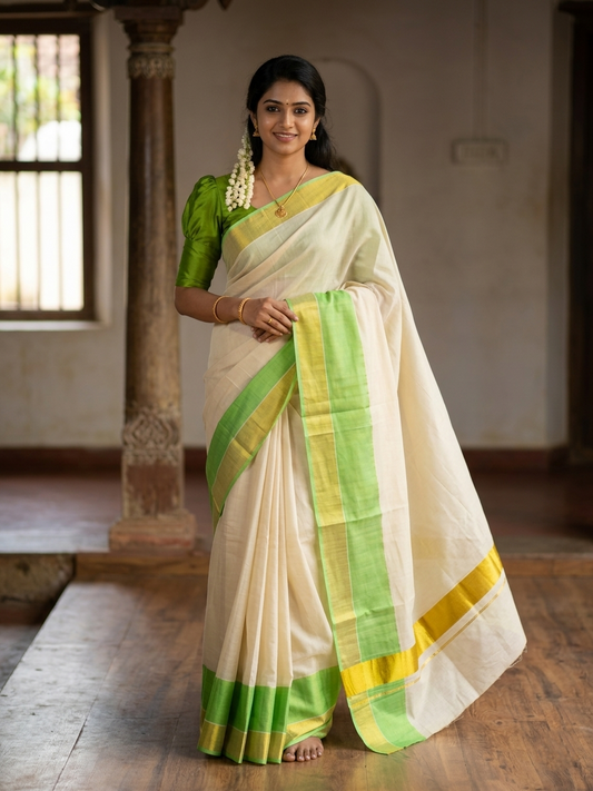 Southloom Tie & Dye - Half & Half Multi Colour Green Design Saree with Kasavu Border SL264