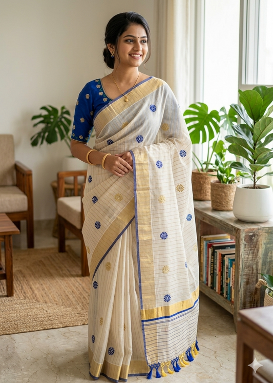 Kerala Tissue Lines Saree With Floral Embroidery Work on The Body SL312
