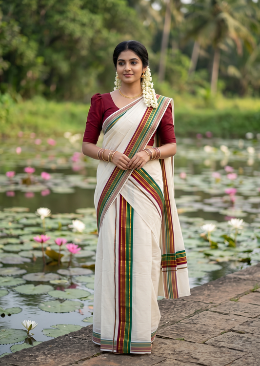 Kerala Cotton Kasavu Set Mundu (Mundum Neriyathum) with Maroon and Green Border 2.80 Mtrs SLKK SL470