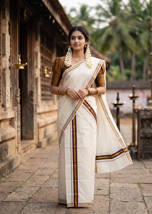 Southloom Kerala Cotton Single Set Mundu (Mundum Neriyathum) with Kasavu and Brown Border  SLKK
